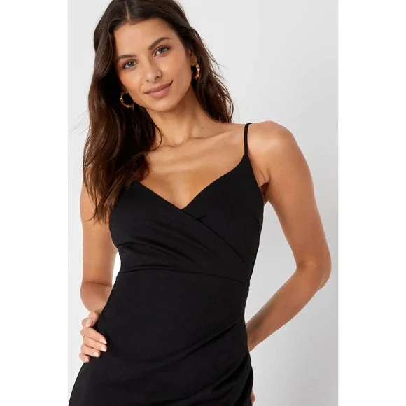 NEW Lulus Black Bodycon Midi Dress Sexy LBD L Large Ruched Side Women's Cocktail - Picture 3 of 12